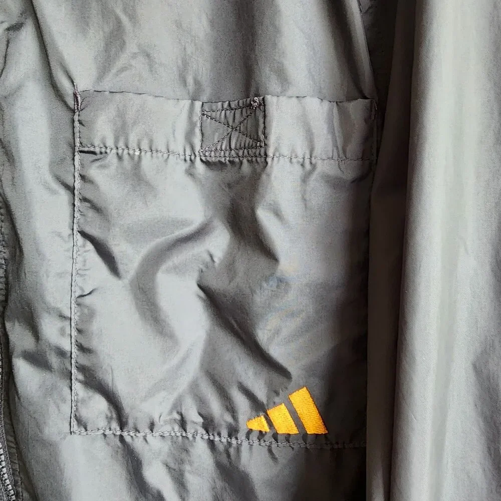 Vintage Adidas Windbreaker Jacket Men’s Size L Gray Orange 3-Stripes Hooded Zip